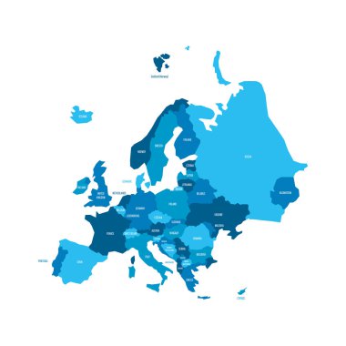 Political map of Europe. Blue colored land with country name labels on white background. Ortographic projection. Vector illustration clipart