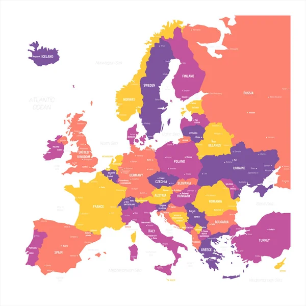 Mapa Político Europa Mapa Vectorial Color Azul Con Capitales Ciudades — Archivo Imágenes Vectoriales