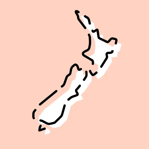 Uusi Seelanti Yksinkertaistettu Kartta Valkoinen Siluetti Musta Rikki Ääriviivat Vaaleanpunainen — vektorikuva