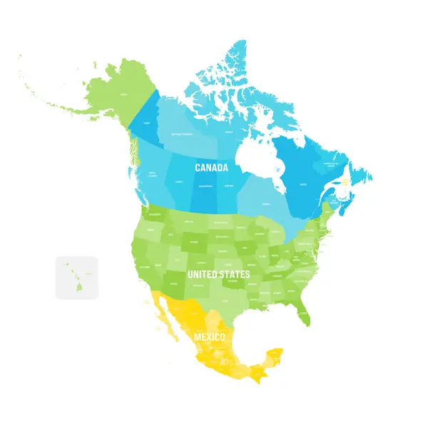 Mappa Politica Dei Paesi Nordamericani Canada Stati Uniti America Messico — Vettoriale Stock