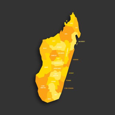 Madagascar political map of administrative divisions - regions. Yellow shade flat vector map with name labels and dropped shadow isolated on dark grey background. clipart