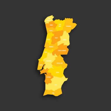 Portugal political map of administrative divisions - districts. Yellow shade flat vector map with name labels and dropped shadow isolated on dark grey background. clipart