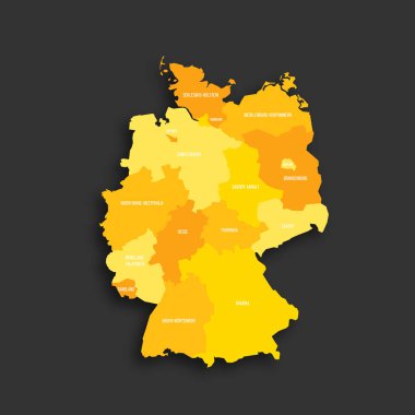 Germany political map of administrative divisions - federal states. Yellow shade flat vector map with name labels and dropped shadow isolated on dark grey background. clipart