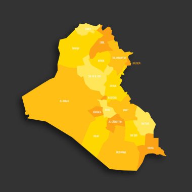 Iraq political map of administrative divisions - governorates and Kurdistan Region. Yellow shade flat vector map with name labels and dropped shadow isolated on dark grey background. clipart