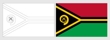 Vanuatu flag - coloring page. Set of white wireframe thin black outline flag and original colored flag. clipart