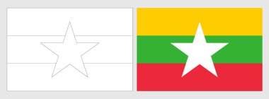 Myanmar flag - coloring page. Set of white wireframe thin black outline flag and original colored flag. clipart