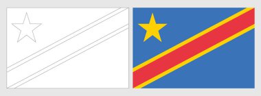 Democratic Republic of the Congo flag - coloring page. Set of white wireframe thin black outline flag and original colored flag. clipart