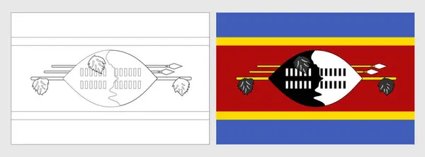 Stock vector Eswatini flag - coloring page. Set of white wireframe thin black outline flag and original colored flag.