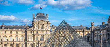 The Louvre Museums classical architecture contrasts with the modern glass pyramid under a blue sky with scattered clouds. clipart