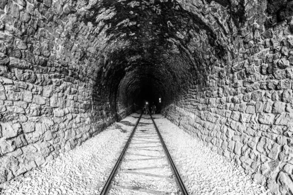 stock image A captivating view inside a stone railway tunnel, with tracks leading towards a distant light. The greenish hue on the walls adds a touch of mystery. Black and white image.