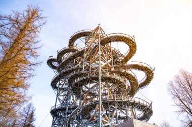 A tall, metal Sky Walk tower with a spiral wooden walkway ascends high above the trees in Swieradow Zdroj, Poland. The tower unique design offers panoramic views of the surrounding forest. clipart