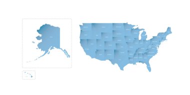 United States of America political map of administrative divisions - states and federal district Washington, D.C. Shaded vector map with 3D-like blue gradient and name labels clipart