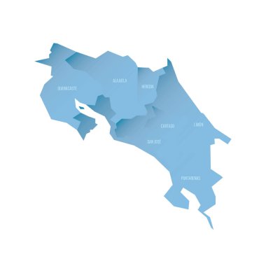 Costa Rica political map of administrative divisions - provinces. Shaded vector map with 3D-like blue gradient and name labels clipart