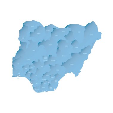 Nigeria political map of administrative divisions - states and federal capital territory. Shaded vector map with 3D-like blue gradient and name labels clipart