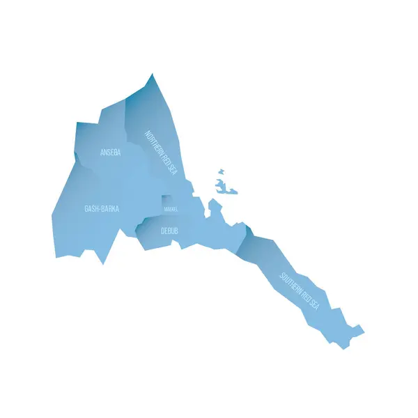 Stock vector Eritrea political map of administrative divisions - regions. Shaded vector map with 3D-like blue gradient and name labels