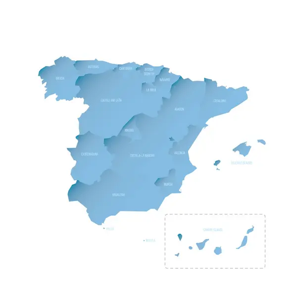 stock vector Spain political map of administrative divisions - autonomous communities and autonomous cities of Ceuta and Melilla. Shaded vector map with 3D-like blue gradient and name labels