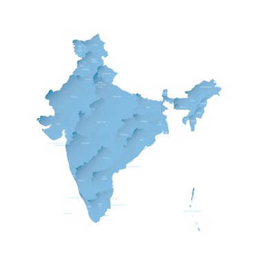 India political map of administrative divisions - states and union teritorries. Shaded vector map with 3D-like blue gradient and name labels clipart