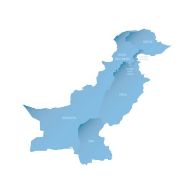 Pakistan political map of administrative divisions - provinces and autonomous territories. Shaded vector map with 3D-like blue gradient and name labels clipart