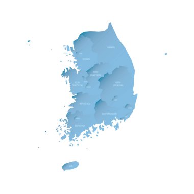 South Korea political map of administrative divisions - provinces, metropolitan cities, special city of Seolu and special self-governing cities of Sejong. Shaded vector map with 3D-like blue gradient clipart