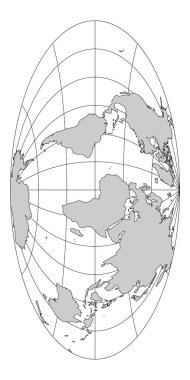 This vector representation displays the world map in Aitoff projection, showcasing continents, oceans, and geographical lines. The layout highlights the curved boundaries of landmass and water. clipart