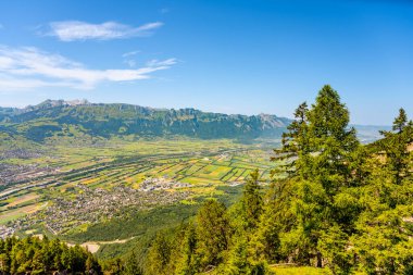 A breathtaking panorama of Schaan unfolds from the Gaflei lookout tower, showcasing lush valleys, distant mountains, and the vibrant landscape of Liechtenstein under clear blue skies. clipart