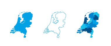 Netherlands set of three maps - solid map, outline map and map highlighting administrative divisions. Three distinct maps illustrate various representations of a geographical area. clipart