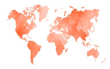 A world map showcases a beautiful watercolor texture in soft coral tones. The design highlights continents while blending colors harmoniously, creating a vibrant, artistic representation. clipart