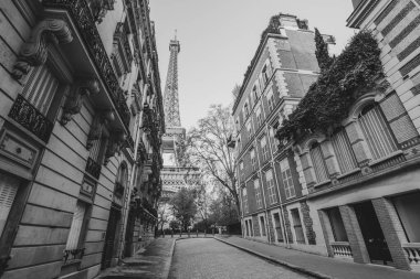 A peaceful morning in Paris reveals a charming street framed by elegant buildings, with the iconic Eiffel Tower rising between them. The quiet ambiance invites leisurely exploration. clipart