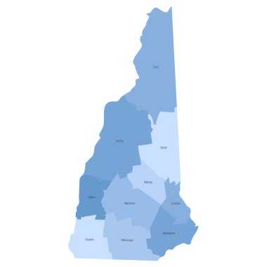 New Hampshire, NH - detailed political map of US state. Administrative map divided into counties. Blue map with county name labels. Vector illustration clipart