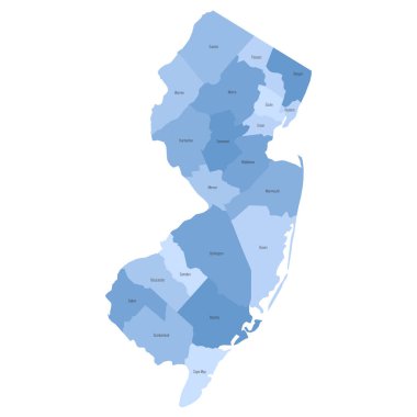 New Jersey, NJ - detailed political map of US state. Administrative map divided into counties. Blue map with county name labels. Vector illustration clipart