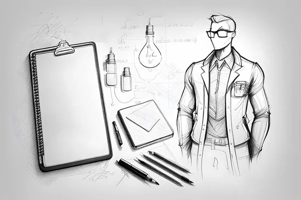 Character sketch. Next to it, there is a light bulb drawn, meaning the search for new knowledge, and an empty notebook