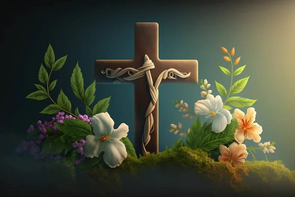 An image of a cross on a table during Easter. A cross set among spring flowers