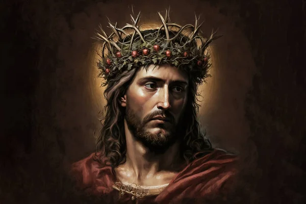 Jesus Christ with crown of thorns front view on black background. Face of Jesus suffering Holy Week Stations of the Cross.