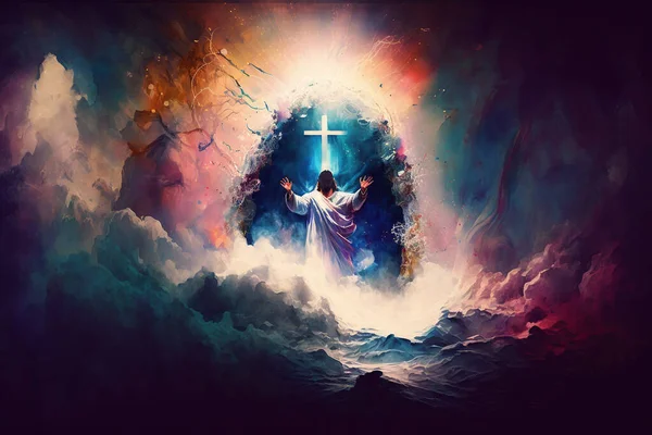 Jesus resurrection easter abstract surreal cover background. Merciful Jesus. Salvation for the world