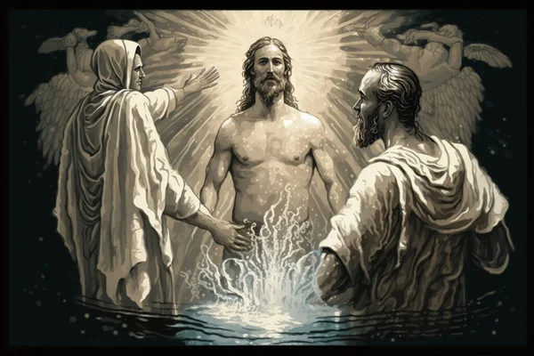 An illustration of the baptism of Jesus. Way of the Cross. History from the bible. Easter period.
