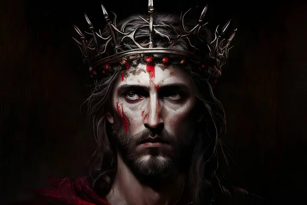 Jesus Christ with the crown of thorns, in profile on a black background. Face of Jesus suffering Holy Week Stations of the Cross.