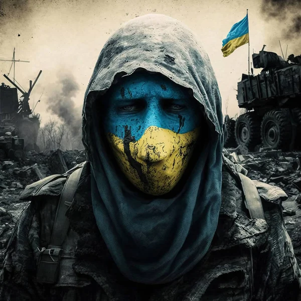 Conflict, war. Courage and fight for freedom. A painting showing the face of civilians during the war. Masked face. National colors of Ukraine