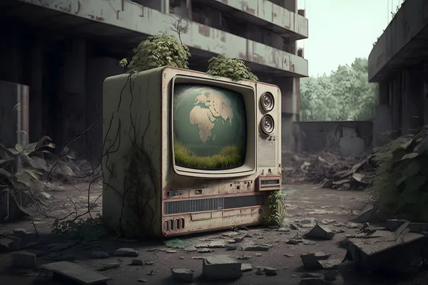 Post-apocalypse city. Overgrown electronic devices. Abandoned space disaster