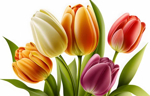 Realistic spring tulips on a white background. Fresh, colorful and fragrant flowers. Perfect for decorations, bouquets and garden projects.