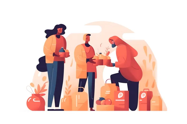 Volunteering at food bank and give groceries to poor tiny person concept, transparent background. Homeless community support with cans, vegetables, bread and water supplies illustration
