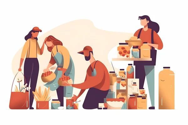 Volunteering at food bank and give groceries to poor tiny person concept, transparent background. Homeless community support with cans, vegetables, bread and water supplies illustration