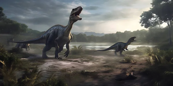 image of nature and walking dinosaurs