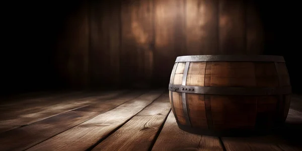 Wood table beer barrel blur wallpaper background for alcohol drink poster design
