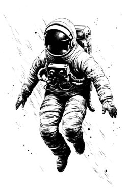 Boşlukta yüzen bir astronot. siyah ve beyaz basit çizim