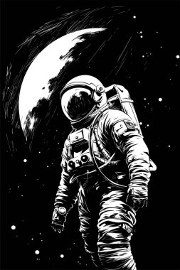 Boşlukta yüzen bir astronot. Astronotun arkasında Ay 'ın bir parçasını görebilirsiniz. Siyah-beyaz basit bir çizim..
