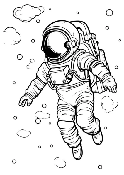 空中に浮かんでいる宇宙飛行士 黒と白のシンプルなスケッチ — ストックベクタ