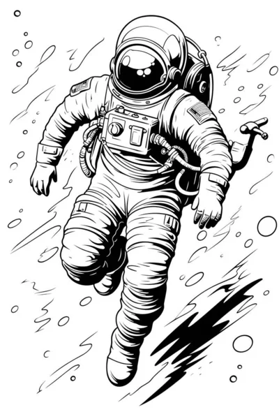Астронавт Плавающий Пустоте Черный Белый Простой Эскиз — стоковый вектор