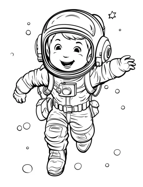 空に浮かぶ小さな男の子の顔をした宇宙飛行士 黒と白のシンプルなスケッチ — ストックベクタ