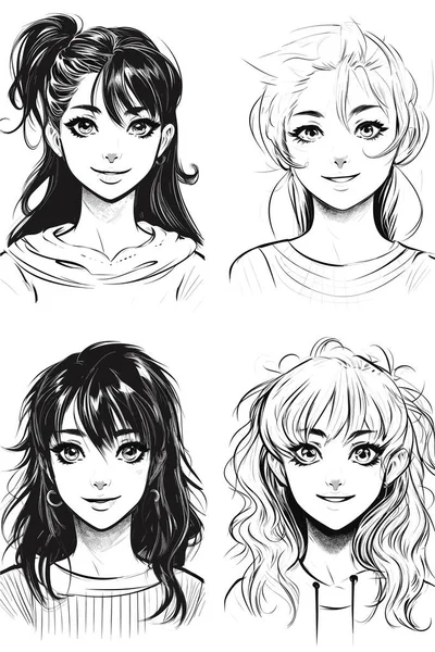 Glückliche Schwarz Weiß Porträts Von Teenagerinnen Glücklichen Mädchen Anime Oder — Stockvektor