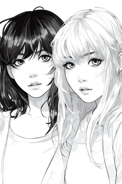 Glückliche Schwarz Weiß Porträts Von Teenagerinnen Glücklichen Mädchen Anime Oder — Stockvektor